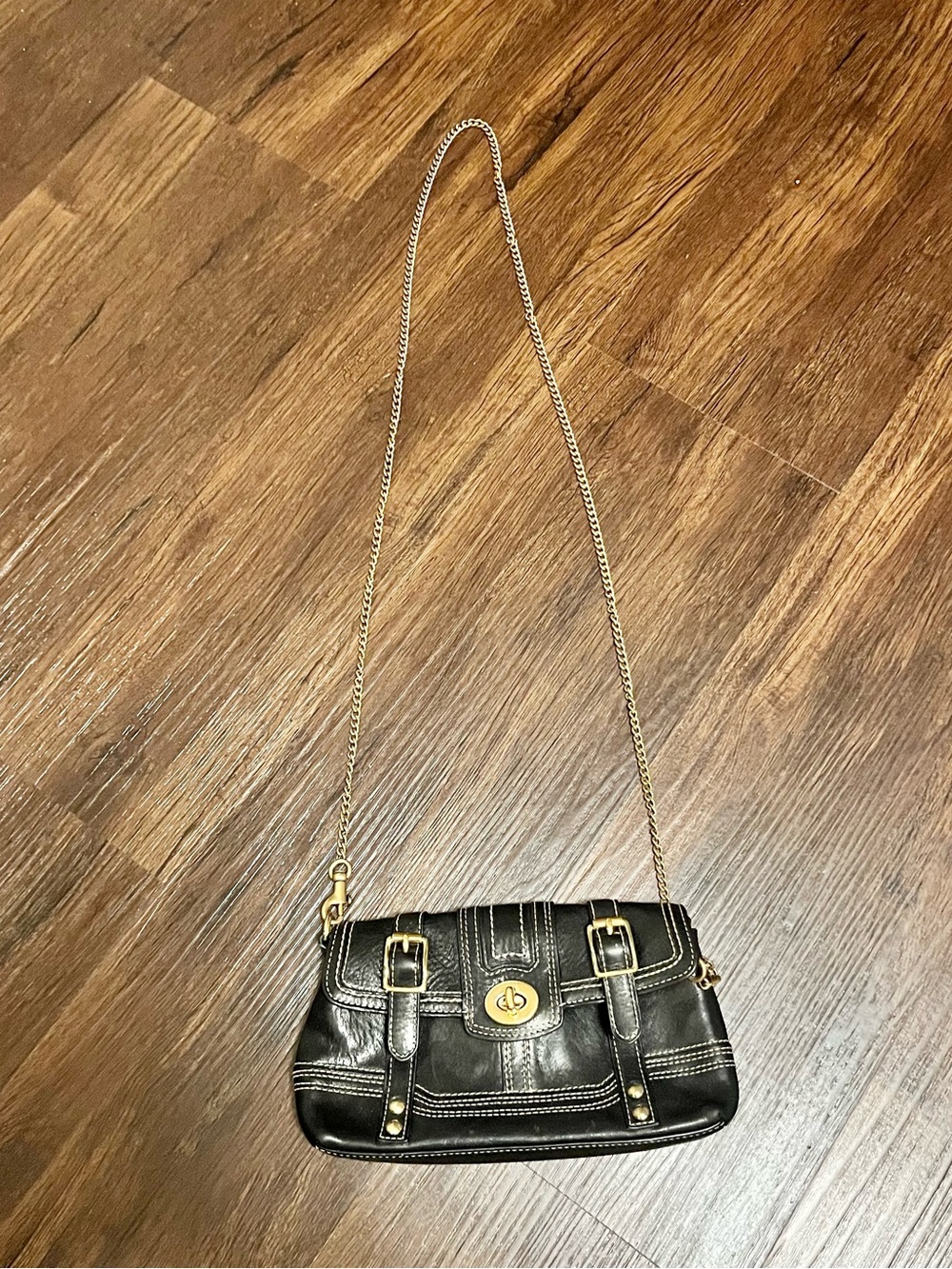 Coach Black Leather Crossbody with Gold-Tone Chain